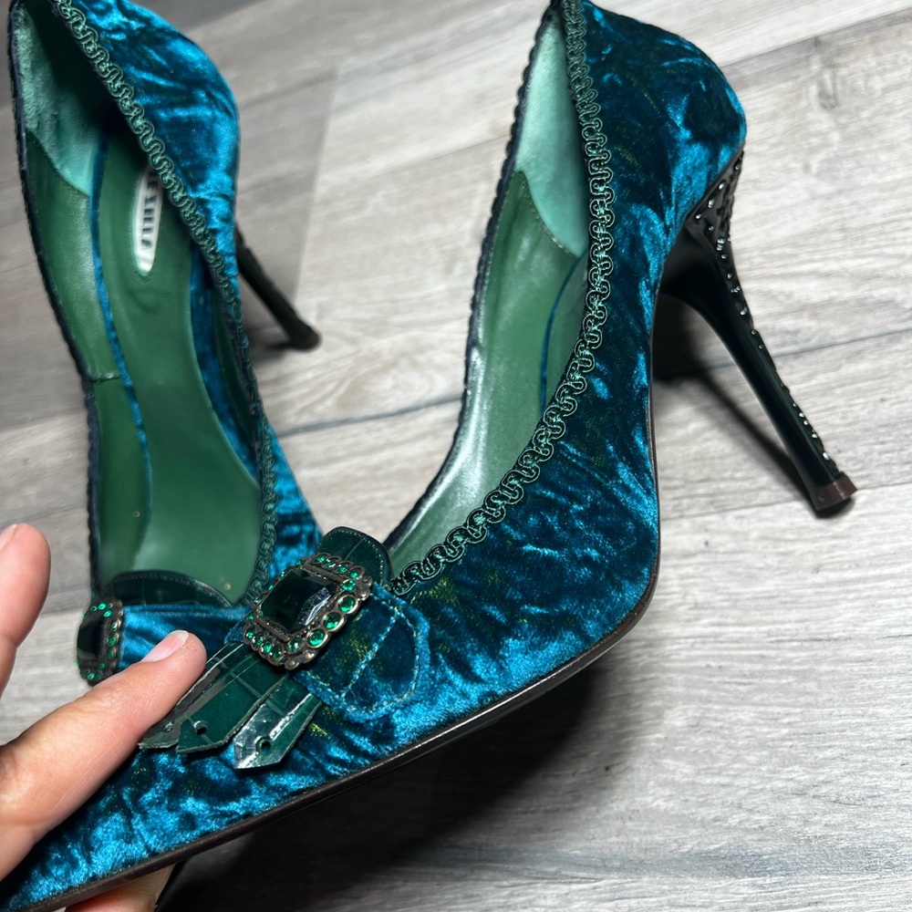 Le Silla Teal Velvet Pointed Toe Kitten Heel Pumps 37.5 - Picture 8 of 16